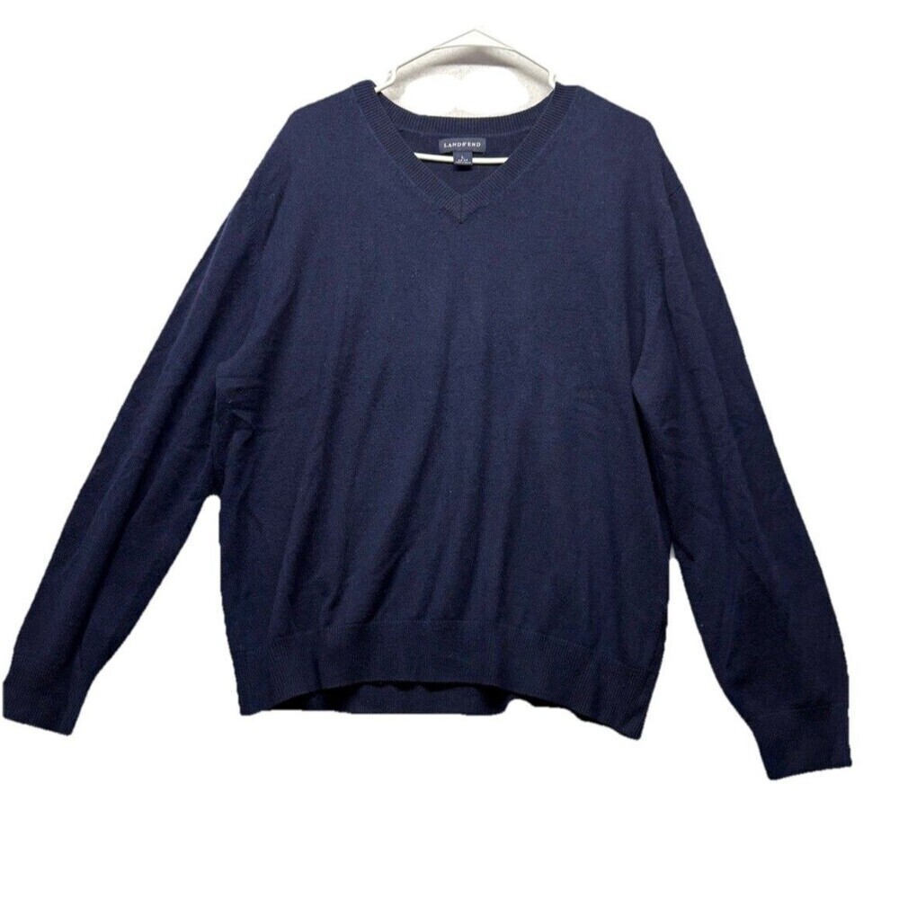 Lands End Mens Large Navy Blue V Neck 100% Cashmere Sweater *Small Hole*